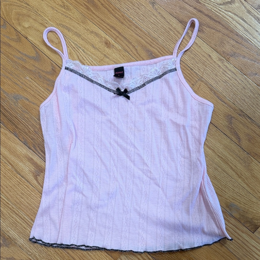 ROMWE Light Pink Lace Cami with Bow